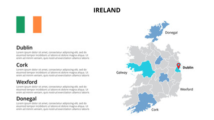  Ireland vector map infographic template divided by countries. Slide presentation