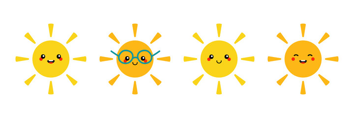 Wall Mural - Set, collection of cute smiling cartoon style yellow and orange shining sun characters for summer, weather design.