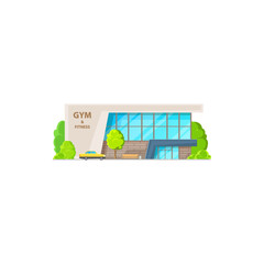 Wall Mural - Modern sport gym isolated city architecture building, glass workout entertainment fitness center flat cartoon icon. Front view facade of city training gymnastic center with glass windows and trees