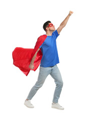 Wall Mural - Man wearing superhero cape and mask on white background