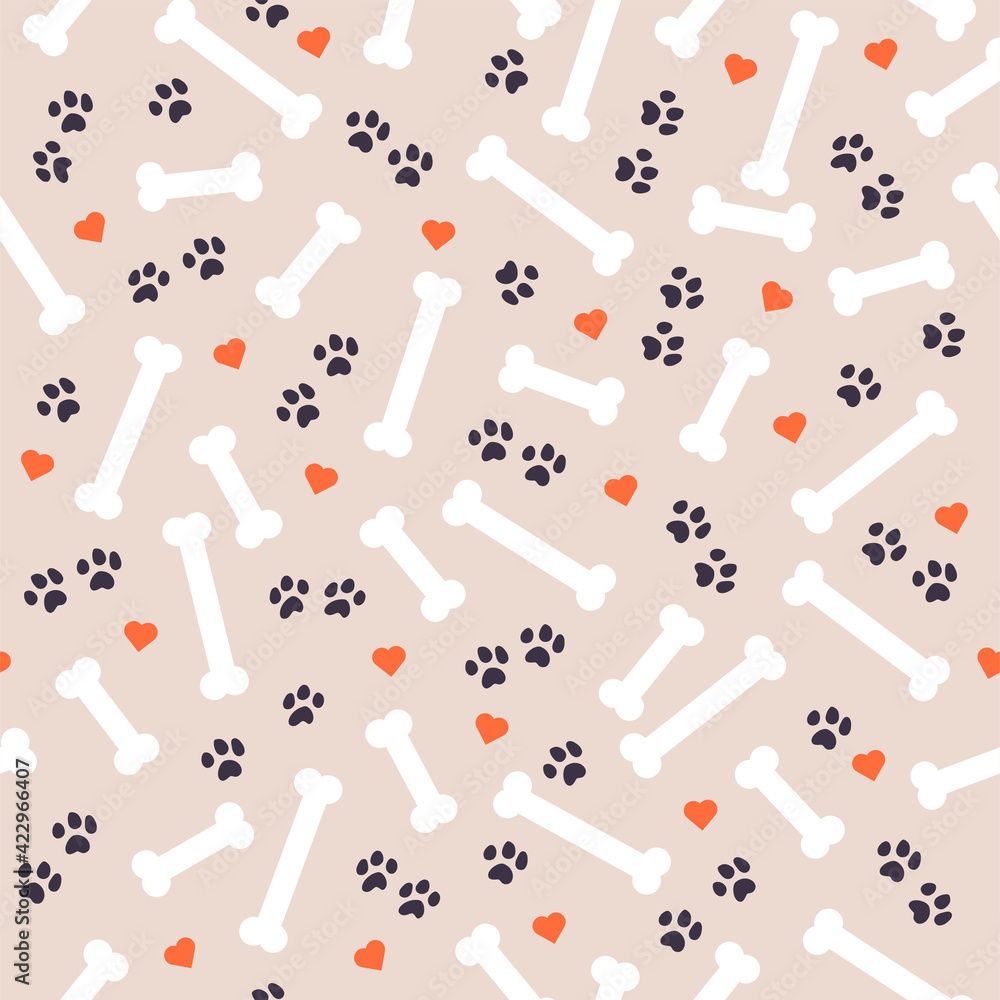 Seamless pattern design with dog paw traces, bone silhouettes and heart ...