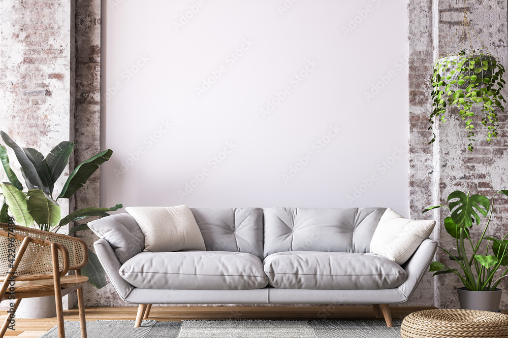 Living room design in loft apartment, white sofa on empty wall mockup, 3d render - obrazy, fototapety, plakaty 