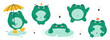 A set of cartoon frogs isolated on a white background. Funny toad, vector flat illustration. Princess frog, toad with umbrella, flies. Collection of colorful cute amphibians