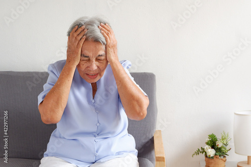 Elderly Asian woman with grey hair sits and holding their head with headache in pain on the sofa, Aging society and Various illnesses of the elderly and good health concept, with copy space for text.