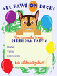 Paw Patrol Chase is holding birthday invitation. Birthday balloons and happy puppy. Blank birthday invitation for kid with cartoon character.