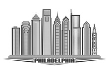 Vector Illustration Of Philadelphia, Monochrome Horizontal Poster With Line Art Design Philadelphia City Scape, Urban Concept With Decorative Lettering For Black Word Philadelphia On White Background.