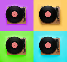 Wall Mural - Collage of turntables with vinyl records on different color backgrounds, top view