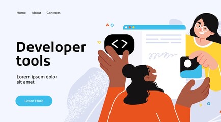 Wall Mural - landing page template of developing computer software, coding and programming . modern flat design c