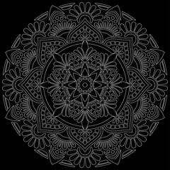 Wall Mural - White outline mandala on a black doodles sketch good mood