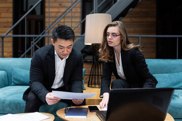 Wall Mural - Business business meeting, two businessmen Asian man and woman, business discussion, international business partners hold a meeting