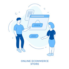 Wall Mural - linear flat online ecommerce store concept. male cartoon character showing the woman open sign on th