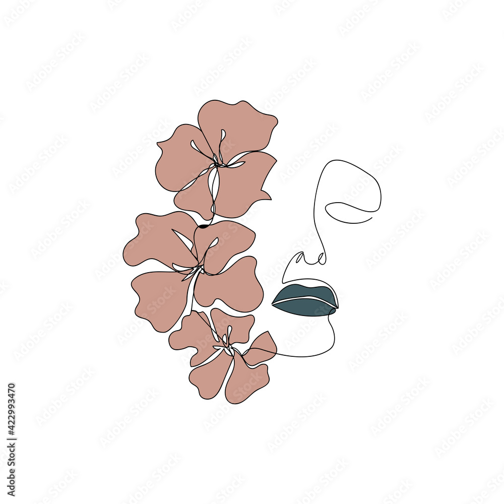 Beauty woman face with flowers. Abstract. One line drawing art. Color ...