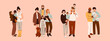 Various Families. Set of family portraits. Group of people standing together. Hand drawn colored Vector illustration. Parents, children, relatives, friends, partners. Togetherness, parenting concept