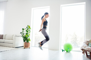 Poster - Full size photo of happy positive smiling sportive girl jumping exercising with jump rope at home house