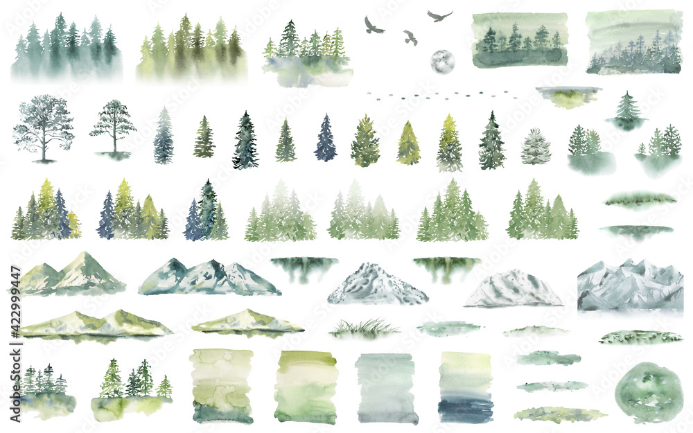 Watercolor Forest tree illustration. Mountain landscape. Woodland pine trees. Green Forest. - obrazy, fototapety, plakaty 