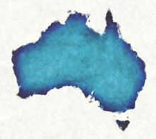 Australia Map With Drawn Lines And Blue Watercolor Illustration