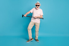 Full Length Body Size Photo Senior Man Wearing Casual Outfit Dancing At Party Isolated Vivid Blue Color Background
