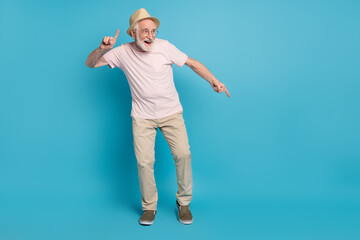 Sticker - Full size photo of aged man pensioner happy positive smile have fun dance party isolated over blue color background