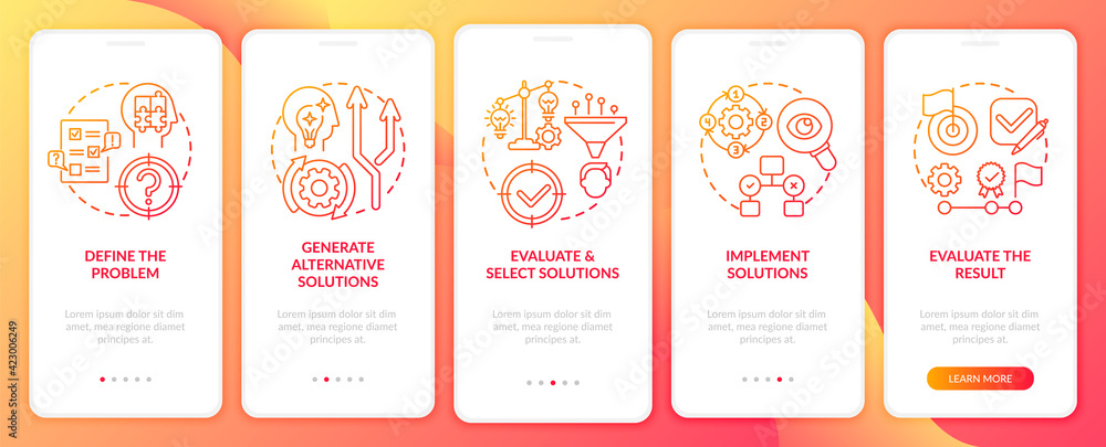 Stock-Vektorgrafik „Problem solving steps red onboarding mobile app ...