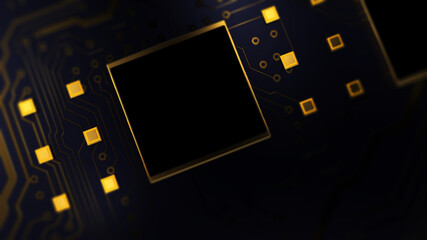 Abstract technological background made of different element printed circuit board.  Circuit board futuristic server code processing. Orange,  gold, blue, black technology background with bokeh