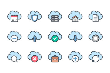 Wall Mural - Cloud technology, network and server data service color line icon set. Cloud computing system linear icons. Online storage and hosting colorful outline vector sign collection.