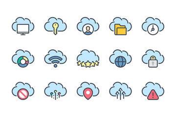 Wall Mural - Cloud technology and server data service color line icon set. Cloud computing system and Network linear icons. Online storage and hosting colorful outline vector sign collection.