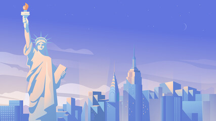 Wall Mural - New York city panorama landing page in flat cartoon style. The Statue of Liberty, skyscrapers, urban landscape with modern building. Travelling of landmarks. Vector illustration of web background