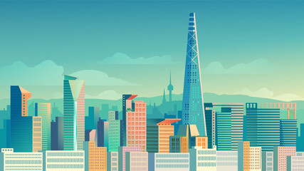 Seoul landing page in flat cartoon style. South Korea city panorama with skyscrapers, urban landscape with downtown. Business travel and travelling of landmarks. Vector illustration of web background