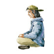 © anitapol - Young man in cap sitting side view. Watercolor illustration. Side view relaxed single person. Isolated on white background. Alone person resting image. Hand drawn element
