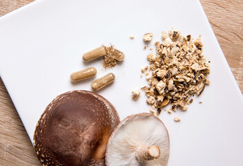 Shiitake Lentinus edoides mushroom supplement capsules with fresh Shiitake mushrooms and powdered on white minimal background. Flat lay view.