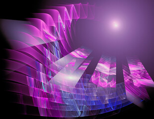 Wall Mural - Purple patterned rays and waves radiate from the illuminated spot. Colorful abstract background. 3d rendering. 3d illustration.