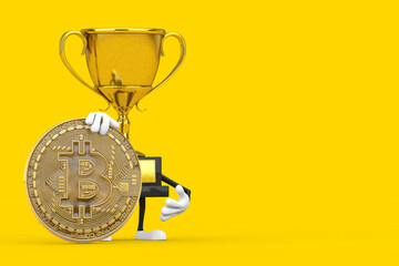 Poster - Golden Award Winner Trophy Mascot Person Character with Digital and Cryptocurrency Golden Bitcoin Coin. 3d Rendering