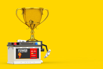 Aufkleber - Golden Award Winner Trophy Mascot Person Character and Rechargeable Car Battery 12V Accumulator with Abstract Label. 3d Rendering