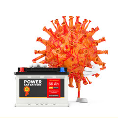 Aufkleber - Cartoon Coronavirus COVID-19 Virus Mascot Person Character and Rechargeable Car Battery 12V Accumulator with Abstract Label. 3d Rendering