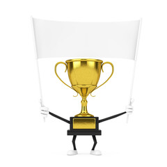 Aufkleber - Golden Award Winner Trophy Mascot Person Character and Empty White Blank Banner with Free Space for Your Design. 3d Rendering