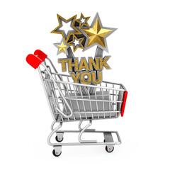 Wall Mural - Award Trophy with Golden Thank You Sign in Shopping Cart Trolley. 3d Rendering