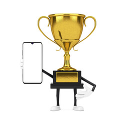 Aufkleber - Golden Award Winner Trophy Mascot Person Character with Modern Mobile Phone and Blank Screen for Your Design. 3d Rendering