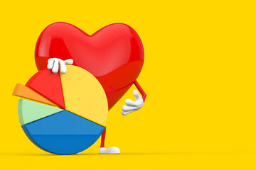 Aufkleber - Red Heart Character Mascot with Info Graphics Business Pie Chart. 3d Rendering