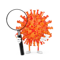 Poster - Cartoon Coronavirus COVID-19 Virus Mascot Person Character with Magnifying Glass. 3d Rendering