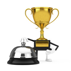 Poster - Golden Award Winner Trophy Mascot Person Character with Hotel Service Bell. 3d Rendering