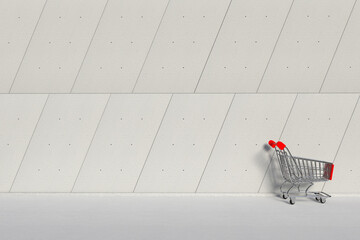 Poster - Shopping Cart Trolley in front of Industrial Building Outside Panels Concrete Wall. 3d Rendering