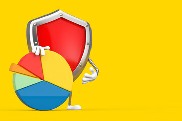 Fototapete - Red Metal Protection Shield Character Mascot with Info Graphics Business Pie Chart. 3d Rendering