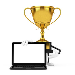 Leinwandbilder - Golden Award Winner Trophy Mascot Person Character with Modern Laptop Computer Notebook and Blank Screen for Your Design. 3d Rendering