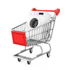 Poster - Modern White Washing Machine in Shopping Cart Trolley. 3d Rendering