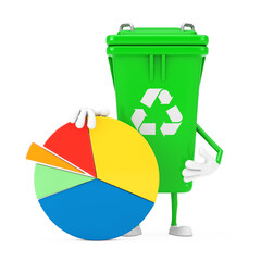 Poster - Recycle Sign Green Garbage Trash Bin Character Mascot with Info Graphics Business Pie Chart. 3d Rendering