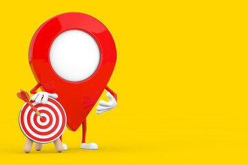 Fototapete - Map Pointer Pin Character Mascot with Archery Target with Dart in Center. 3d Rendering
