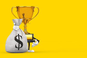 Poster - Golden Award Winner Trophy Mascot Person Character with Tied Rustic Canvas Linen Money Sack or Money Bag with Dollar Sign. 3d Rendering