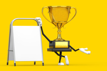 Wall Mural - Golden Award Winner Trophy Mascot Person Character with White Blank Advertising Promotion Stand. 3d Rendering