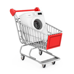 Poster - Modern White Washing Machine in Shopping Cart Trolley. 3d Rendering