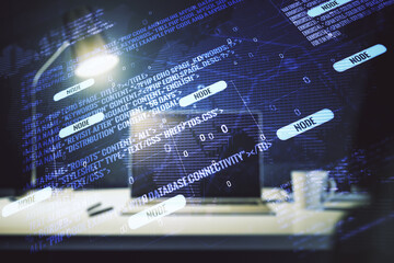 abstract creative coding illustration with world map on modern computer background, international so